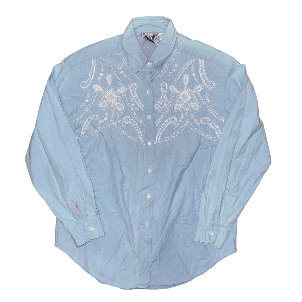 Vintage 90s Light Blue Beaded Embroidered Western‎ Button Down Long Sleeve Shirt
